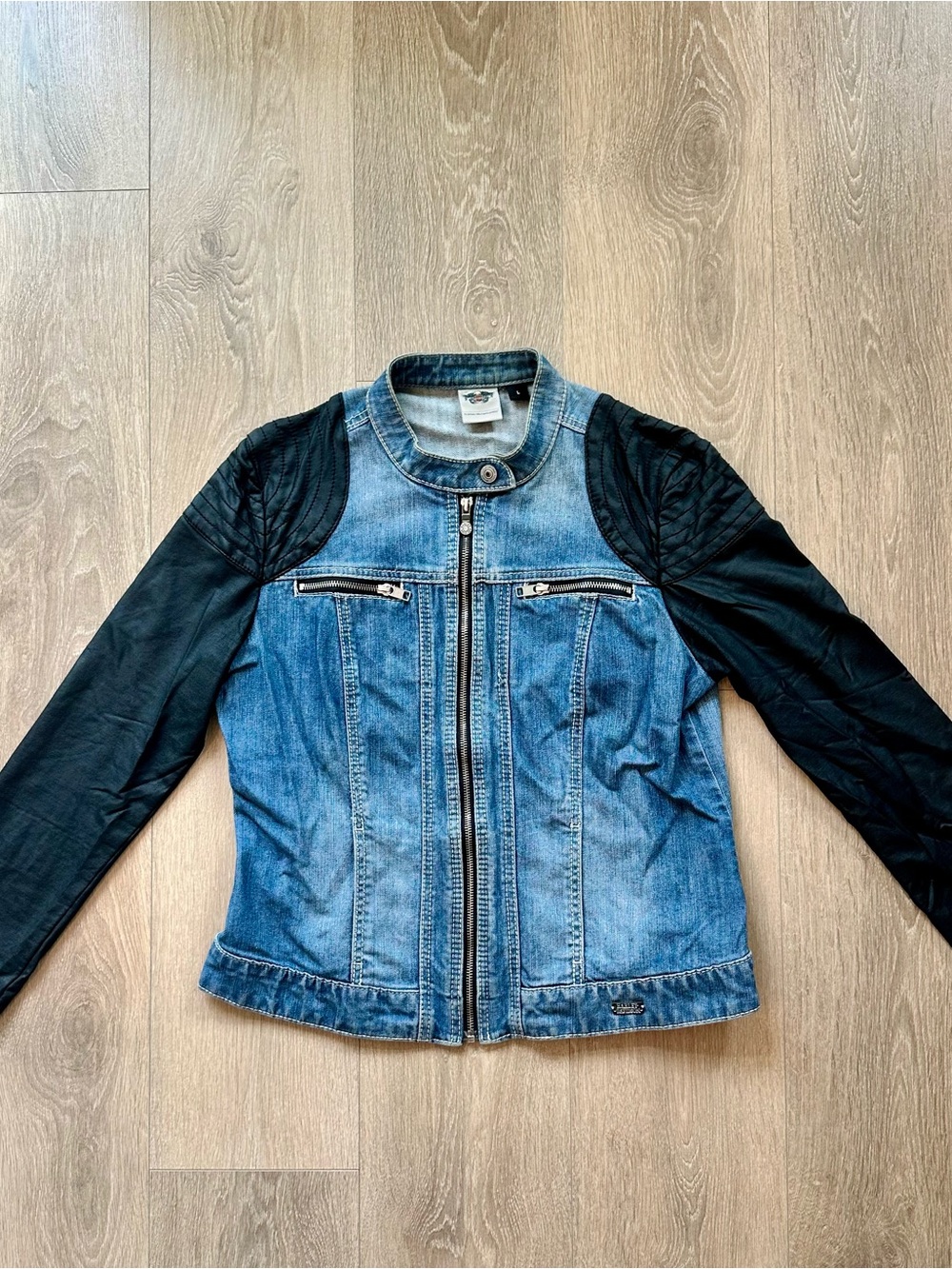 Harley-Davidson® Women's Denim Jacket with Faux Black Leather Sleeves Size Large